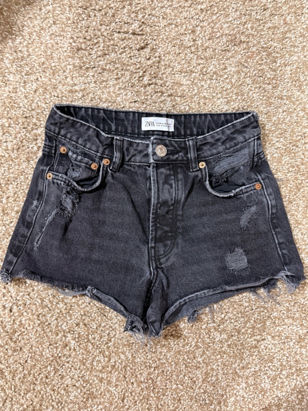 ZARA Black Distressed High-Rise Denim Shorts
